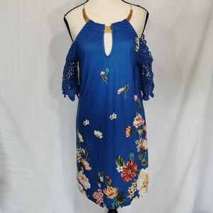 NWT Tendency Metal Halter Cocktail Dress with Lace Sleeves in Blue Floral - Sz S